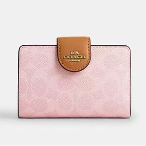 Coach Medium Corner Zip Wallet In Signature Canvas Gold/Powder Pink New